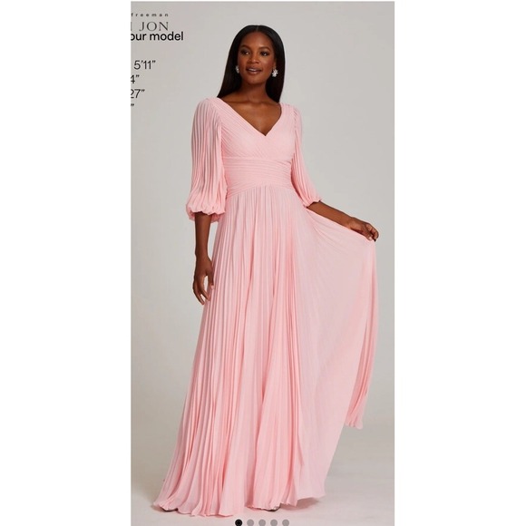 NWT Teri Jon Chiffon Puff Sleeve Pleated VNeck GownPink‎ Size 18 Dress $670